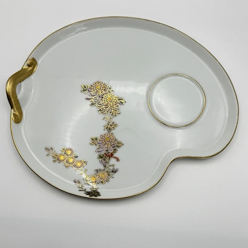 Vintage Kutani Style Kyoto Japan Tea Set 4 Cups Snack Trays Eggshell Gold Floral
